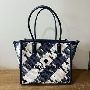 Kate Spade Ella Oversized Woven Gingham Straw Market Tote Blazer Blue Large